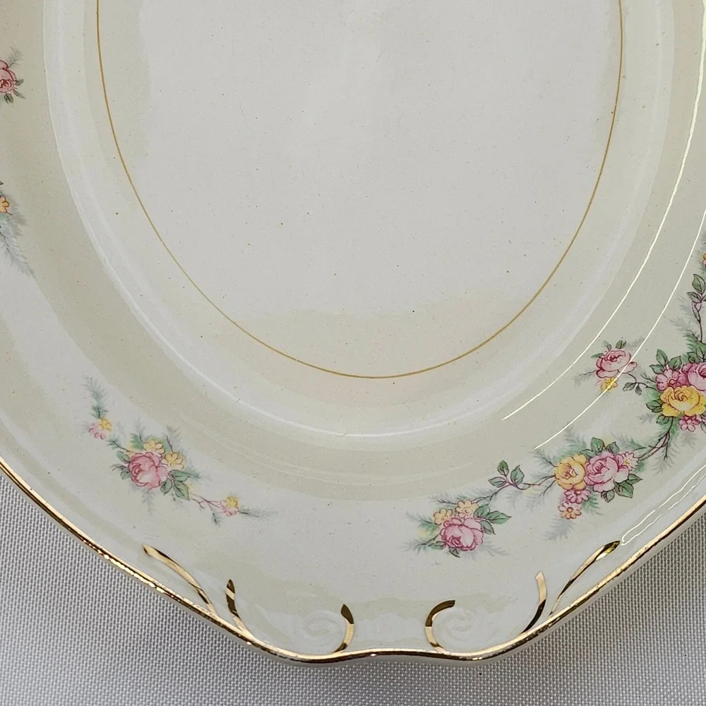 Vtg Homer Laughlin Eggshell Georgian Floral Oval Serving Platter Gold Trim J47N5